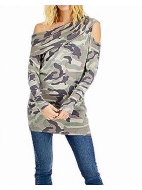 INC NEW Camouflage Cold Shoulder Cowl Neck Tunic Ling Sleeve Womens L Green Tan